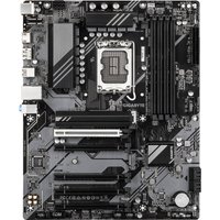 Black and gray Gigabyte motherboard with multiple PCIe slots, RAM slots, and CPU socket, featuring silver accents.