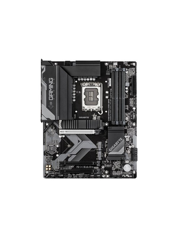 Black ATX motherboard featuring the Intel 1700 socket, DDR4 support, multiple PCIe slots, and a sleek design with silver accents and robust cooling features.