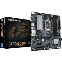 GIGABYTE B760M D3HP motherboard with black PCB, silver heatsinks, and multiple PCIe slots, next to product box.