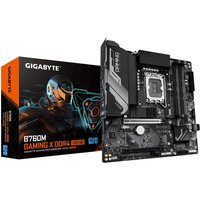 GIGABYTE B760M GAMING X DDR4 motherboard with black PCB, silver heatsinks, and orange accents, next to branded box.