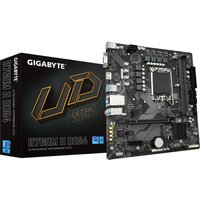 GIGABYTE B760M H DDR4 motherboard with black PCB, silver heatsinks, and multiple expansion slots, next to retail box.