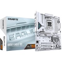 White Gigabyte B850 EAGLE ICE motherboard with silver accents, featuring multiple PCIe slots and a sleek design.