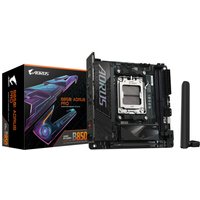 GIGABYTE B850I AORUS PRO Motherboard with black PCB, silver heatsinks, and Wi-Fi antenna, next to its colorful box.