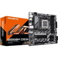 Gigabyte B850M DS3H motherboard with black PCB, silver heatsinks, and multiple expansion slots, next to branded box.
