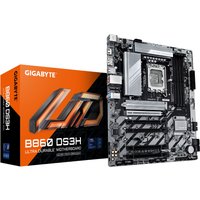 GIGABYTE B860 DS3H motherboard with black PCB, silver heatsinks, and orange box featuring product branding.