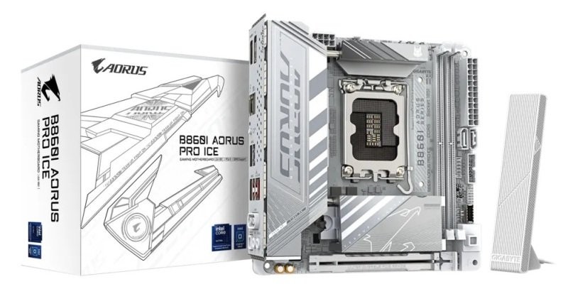 Gigabyte B860I AORUS PRO ICE motherboard in silver and white, featuring LGA 1851 socket, DDR5 support, and a compact ITX design, alongside its branded packaging.