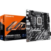 GIGABYTE B860M D3W motherboard with black PCB, silver heatsinks, and orange-accented box for Intel Core Ultra CPUs.