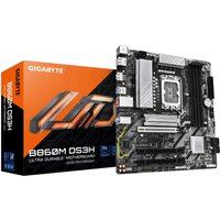 GIGABYTE B860M DS3H motherboard with black PCB, silver heatsinks, and orange-accented box for Intel Core Ultra CPUs.