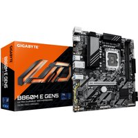 GIGABYTE B860M E GEN5 motherboard with black PCB, silver heatsinks, and box packaging with orange and blue design.