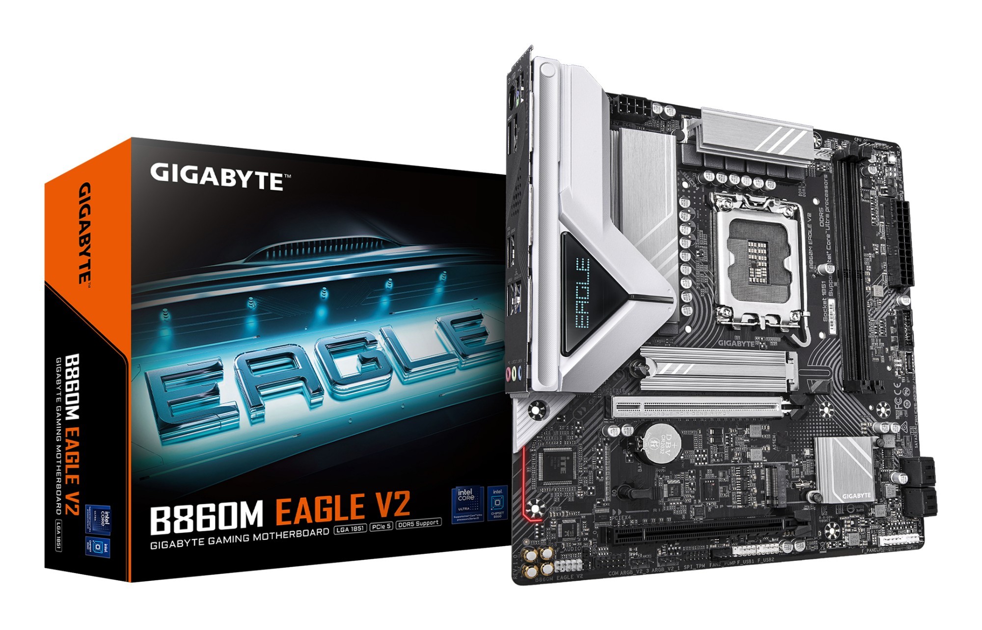 Gigabyte B860M EAGLE V2 motherboard in black and silver, featuring an LGA 1851 socket, DDR5 support, and a sleek design, alongside its colorful packaging.