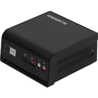 Black Gigabyte BRIX GB-BTIP-N150 Mini PC with front USB ports, audio jacks, and power button, compact and sleek design.