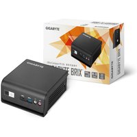 Black Gigabyte BRIX mini PC with ports on front, next to branded box with geometric design.