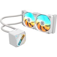 White Gigabyte liquid CPU cooler with two 120mm ARGB fans, slide-in mechanism, and flexible tubing.