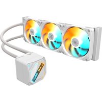 GIGABYTE GAMING 360 ICE Liquid CPU Cooler, white with triple RGB fans and sleek tubing design.