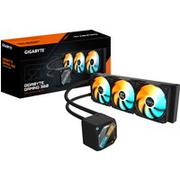 GIGABYTE liquid CPU cooler with three 120mm ARGB fans, black radiator, and sleek pump block, boxed packaging in background.