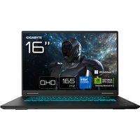 Black Gigabyte A16 PRO DXH gaming laptop, 16" screen, 165Hz QHD display, illuminated keyboard, futuristic design.