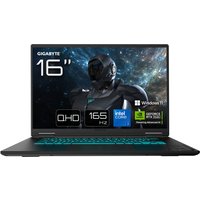GIGABYTE GAMING A16 PRO laptop, 16" display, black chassis, RGB keyboard, QHD 165Hz screen, Intel and NVIDIA logos.