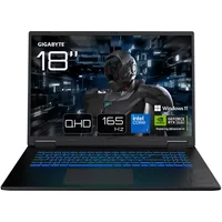 GIGABYTE GAMING A18 laptop, 18" screen, black, blue-backlit keyboard, Intel Core 7, RTX 5070 Ti, Dolby Atmos logo.