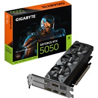GIGABYTE GeForce RTX 5050 OC graphics card, black with dual fans, 2 DP and 2 HDMI ports, compact low-profile design.