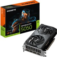 Black Gigabyte RTX 5050 graphics card with dual fans, PCI-E 5.0, 2 DP, 2 HDMI ports, and green-accented packaging.