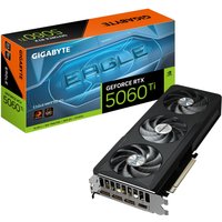 GIGABYTE GeForce RTX 5060 Ti graphics card, black with triple fans, 3 DP ports, 1 HDMI, in front of branded box.