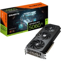 GIGABYTE RTX 5060 Ti graphics card, black with triple fans, silver accents, and multiple display ports.