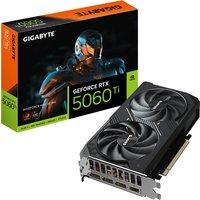 Black GIGABYTE RTX 5060 Ti graphics card with dual fans, metal backplate, and colorful box with futuristic design.