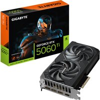 GIGABYTE GeForce RTX 5060 Ti graphics card with dual fans, black casing, and orange-accented packaging.