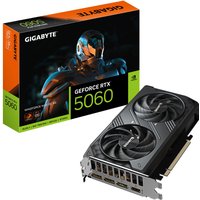 Black Gigabyte RTX 5060 graphics card with dual fans, 3 DisplayPorts, 1 HDMI, and sleek design.