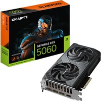 GIGABYTE GeForce RTX 5060 graphics card, black with dual fans, 8GB GDDR7, includes HDMI and DisplayPort outputs.