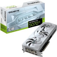 Silver GIGABYTE RTX 5070 Ti graphics card with triple fans, PCI-E 5.0, 3 DP ports, 1 HDMI port, 16GB GDDR7 memory.