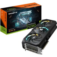 GIGABYTE GeForce RTX 5080 graphics card with triple-fan cooling, black casing, and box packaging in background.