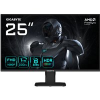Black Gigabyte 25" gaming monitor with thin bezel, FHD display, 200Hz, 1ms response, and futuristic graphics on screen.