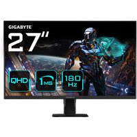 27" Gigabyte gaming monitor with thin bezel, displaying futuristic graphics, QHD, 180Hz, 1ms response time.