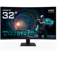 Curved 32-inch Gigabyte gaming monitor, QHD, 180Hz, 1ms response, black frame, futuristic graphics on screen