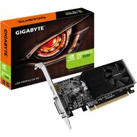 Black Gigabyte graphics card with fan, PCIe connector, and heatsink, next to branded box with eye design.
