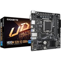GIGABYTE H610M S2H V3 DDR4 motherboard, black PCB, multiple slots, ports, and heatsinks, with packaging box.