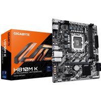 GIGABYTE H810M K motherboard with black PCB, silver heatsinks, and orange-accented box for Intel Core Ultra CPUs.