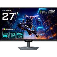 GIGABYTE M27UP 27” 4K UHD Gaming Monitor, slim bezel, black stand, vibrant display with futuristic graphics.