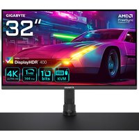 31.5" Gigabyte 4K UHD gaming monitor, 144Hz, with vibrant display, slim bezels, and adjustable arm mount.
