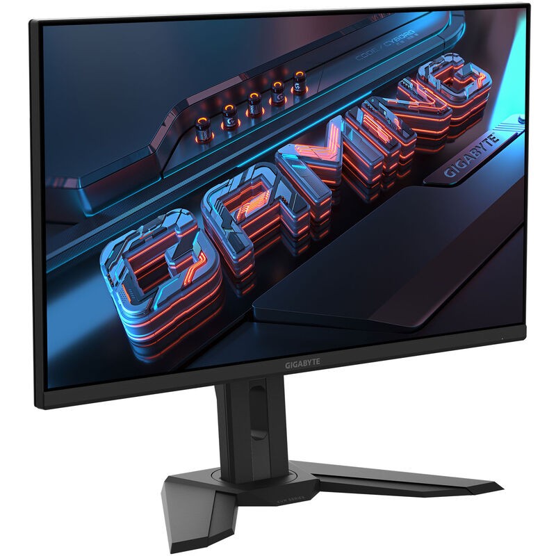 GIGABYTE M32UP monitor features a sleek black design, 31.5-inch screen, 3840 x 2160 resolution, and a modern stand, showcasing vibrant gaming graphics.