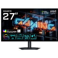 27” glossy black WOLED QHD gaming monitor with thin bezels, vibrant display, and sturdy stand.