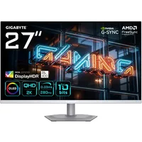 GIGABYTE 27" OLED gaming monitor with sleek design, thin bezels, and illuminated "GAMING" text on screen.