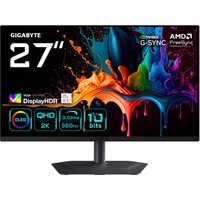 27” Gigabyte OLED QHD gaming monitor with slim bezels, black stand, and vibrant display graphics.