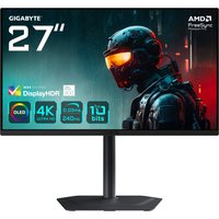 GIGABYTE MO27U2 OLED 4K UHD Gaming Monitor with slim bezels, black stand, and vibrant display featuring a futuristic soldier.