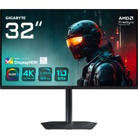 GIGABYTE 31.5" OLED 4K UHD monitor, slim bezels, black stand, vibrant display with futuristic graphics.