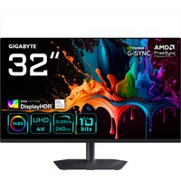 Gigabyte MO32U2 32" OLED 4K UHD gaming monitor with vibrant display, slim bezels, and sturdy black stand.