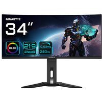 GIGABYTE 34" curved gaming monitor, OLED screen, WQHD resolution, black stand, futuristic graphics on display.