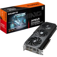 GIGABYTE Radeon RX 9060 XT graphics card, black with three cooling fans, PCI-E 5.0, 16GB GDDR6, next to retail box.