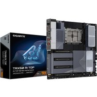 GIGABYTE TRX50 AI TOP-2B motherboard, black with silver accents, multiple PCIe slots, and heatsinks.
